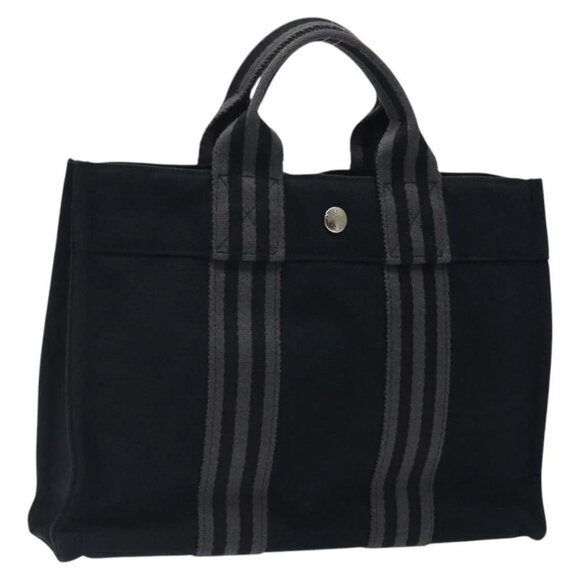 HERMES Fourre Tout PM Hand Bag Canvas Black Gray Silver - Picture 1 of 16